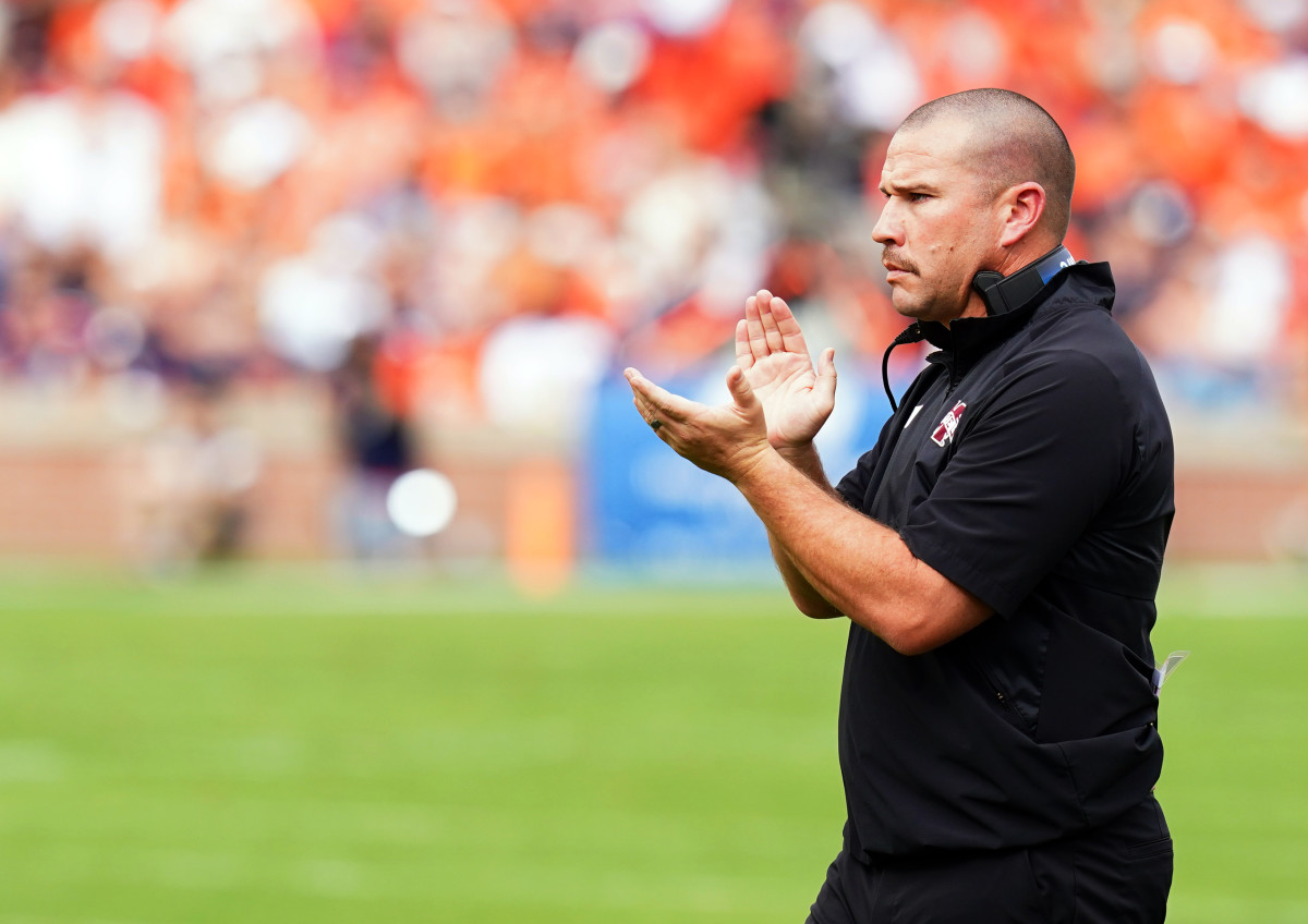Oct 28, 2023; Auburn, Alabama, USA; Mississippi State Bulldogs head coach Zach Arnett cheers on his players against the Auburn Tigers during the first quarter at Jordan-Hare Stadium.